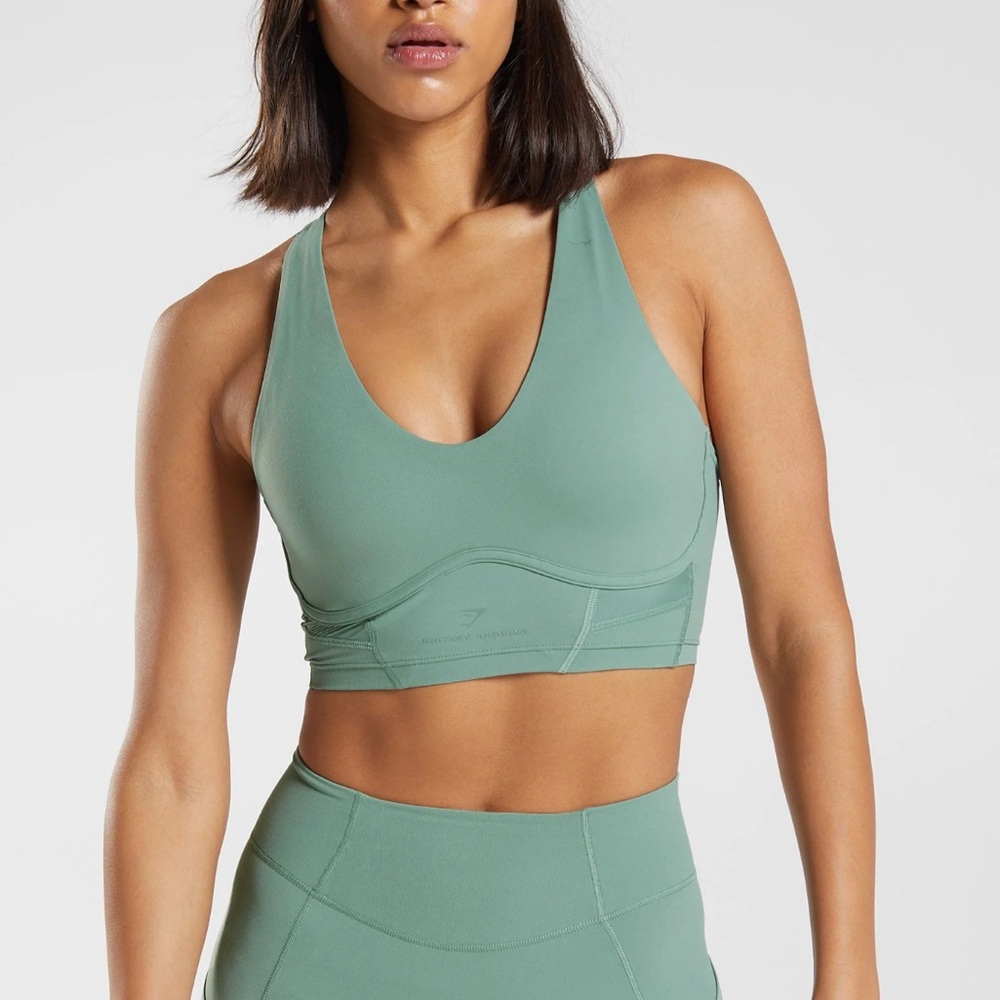 Whitney Simmons Gymshark longline sports bra sage green gym bra athletic top